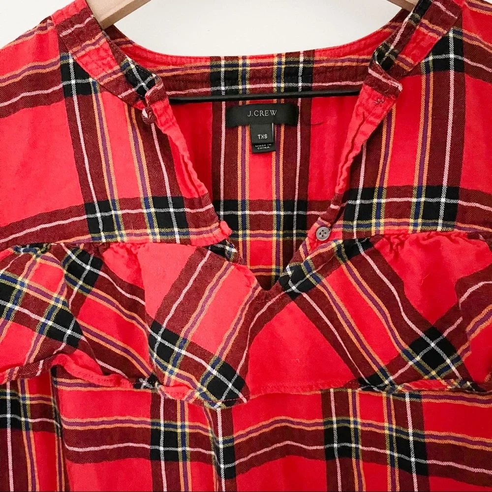 J. Crew Flannel Top In Festive Plaid And Ruffle